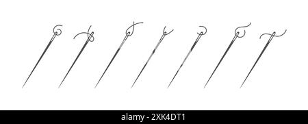Needle and thread silhouette icon set vector illustration. Tailor logo with needle symbol and short curvy thread collection isolated on white backgrou Stock Vector