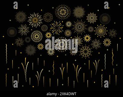 Abstract burst gold pattern fireworks set. Art deco star shaped firework pattern collection isolated on black background with rays and trails. Birthda Stock Vector