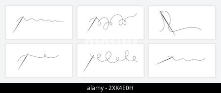 Needle and thread silhouette icon set vector illustration. Tailor logo with needle symbol and curvy thread collection isolated on white background. Ta Stock Vector