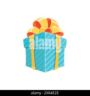 Surprise gift box or birthday present cartoon vector illustration. Colorful square giftbox with blue wrapping paper, yellow ribbon and cute bow. Birth Stock Vector
