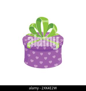 Birthday party or christmas gift box isolated vector illustration. Cartoon round giftbox with violet wrapping paper, green ribbon and bow. Contest win Stock Vector
