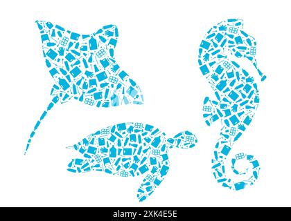 Microplastic trash planet pollution concept vector illustration. Marine animals outline set filled with plastic trash flat icons, isolated on white ba Stock Vector