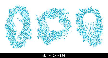 Plastic trash planet pollution concept vector illustration. Marine animals silhouette cut in plastic trash flat icon spot, isolated on white backgroun Stock Vector