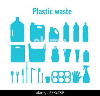Plastic containers and single use dishes set vector illustration. Plastic waste problem symbol collection. Plastic package, dishes and containers outl Stock Vector