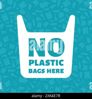 No plastic bags here concept vector illustration. Single use plastic bag with sign on trash background Prevent ocean pollution ecology concept, store Stock Vector