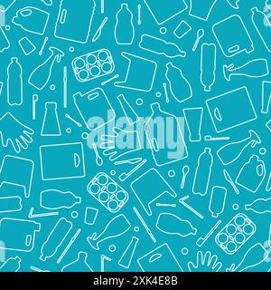 Plastic waste, ocean pollution seamless pattern vector illustration. Eco problem water pollution trash contour symbol seamless background. Earth day w Stock Vector