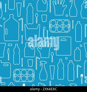 Plastic waste, ocean pollution seamless pattern vector illustration. Eco problem water pollution trash contour symbol seamless background. Earth day w Stock Vector