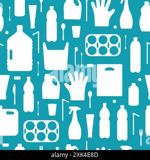 Plastic waste, ocean pollution seamless pattern vector illustration. Eco problem water pollution trash silhouette symbol seamless background. Earth da Stock Vector