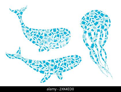 Stop ocean plastic pollution concept vector illustration. Marine animals outline set filled with plastic trash flat icons isolated on white background Stock Vector