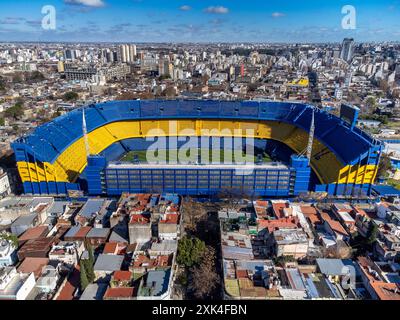 Drone shot of La Bombonera stadium, home of Club Atletico Boca Juniors, La Boca neighborhood in Buenos Aires. Stock Photo