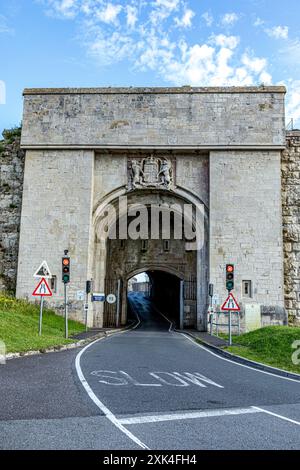 Main gate to HM Prison The Verne, a Category C men's prison located within the historic Verne Citadel on the Isle of Portland in Dorset Stock Photo