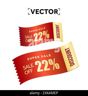 3d couple of wavy red coupons with coupon code, isolated on white background. Super sale off discount voucher, coupon template. 3d vector illustration. Vector illustration Stock Vector