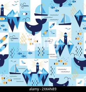 Aquatic Harmony, Seamless Geometric mosaic of Ocean Life Pattern Stock Vector