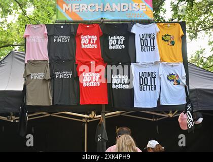 LONDON, ENGLAND - JULY 20 2024: Merchandise stall at Latino Life in the Park 2024, also to mark Colombian celebrations marking 214 years of independence from Spain at Walpole Park, Mattock Lane, London, UK. Credit: See Li/Picture Capital/Alamy Live News Stock Photo