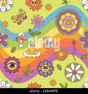 Groovy psychedelic summer flowers and wavy rainbow lines seamless pattern. Funny retro chamomile emoji with eyes and funky smile, bee in colorful hippy background of 70s 80s style vector illustration Stock Vector