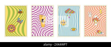 Groovy cartoon psychedelic patterns set. Trippy checkerboard and zebra lines texture with hippie emoji flower, magic mushroom and eye, backgrounds collection of 70s 80s style vector illustration Stock Vector