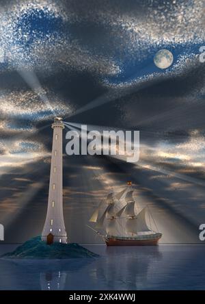 Lighthouse & Sailing Ship Stock Photo