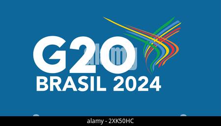The G20 Brasil 2024 logo features vibrant, colorful ribbons above bold text, symbolizing international collaboration, diplomacy, and unity. Stock Vector