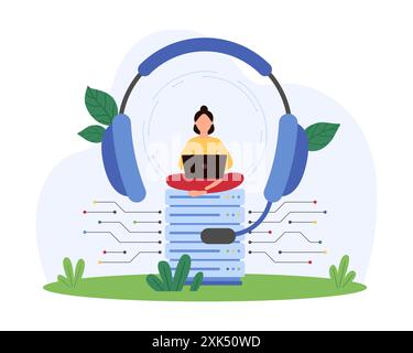 Tech support service for customers, operator of online call center at work. Tiny woman working with laptop, big headphones and server to help clients in helpline chat cartoon vector illustration Stock Vector