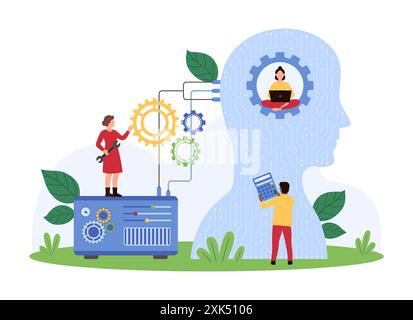 AI personal assistant optimization and improvement. Tiny people work with artificial intelligence and machine connection, gear with worker and laptop inside human head cartoon vector illustration Stock Vector