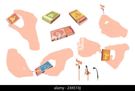 Hands with different gestures to light matches set. Human fingers hold burning matchstick and box for smoking, wooden sticks burn with flame, open and closed matchbox cartoon vector illustration Stock Vector