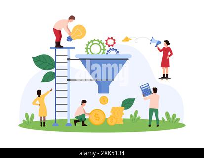 Creative idea to make money, project optimization, monetization process. Tiny people throw gear and bright light bulb into funnel to convert into gold coins of profit cartoon vector illustration Stock Vector