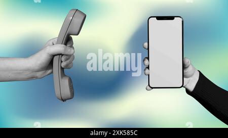 Hands holding telephone and smartphone realistic vector collage art. Traditional and modern technology comparison Stock Vector