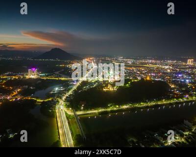 Aerial view of Nhan temple, tower is an artistic architectural work of Champa people in Tuy Hoa city, Phu Yen province, Vietnam. Night view. Travel an Stock Photo