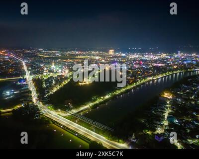 Aerial view of Nhan temple, tower is an artistic architectural work of Champa people in Tuy Hoa city, Phu Yen province, Vietnam. Night view. Travel an Stock Photo