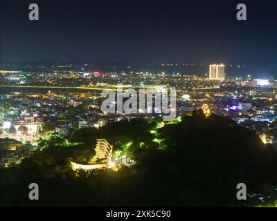 Aerial view of Nhan temple, tower is an artistic architectural work of Champa people in Tuy Hoa city, Phu Yen province, Vietnam. Night view. Travel an Stock Photo