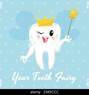 Cute tooth fairy wearing crown and holding a star magic wand vector ...