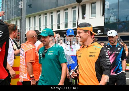 Budapest, Ungarn. 21st July, 2024. July 21st, 2024, Hungaroring, Budapest, FORMULA 1 HUNGARIAN GRAND PRIX 2024, in the picture Fernando Alonso (ESP), Aston Martin Aramco Cognizant Formula One Team, Lando Norris (GBR), McLaren F1 Team Credit: dpa/Alamy Live News Stock Photo