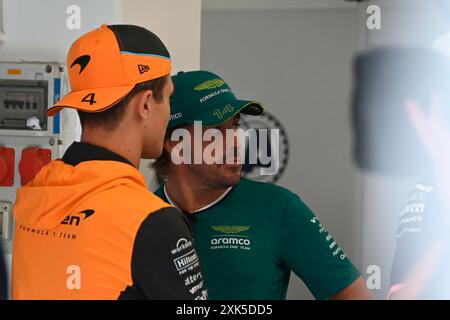 Budapest, Ungarn. 21st July, 2024. July 21st, 2024, Hungaroring, Budapest, FORMULA 1 HUNGARIAN GRAND PRIX 2024, in the picture Lando Norris (GBR), McLaren F1 Team, Fernando Alonso (ESP), Aston Martin Aramco Cognizant Formula One Team Credit: dpa/Alamy Live News Stock Photo