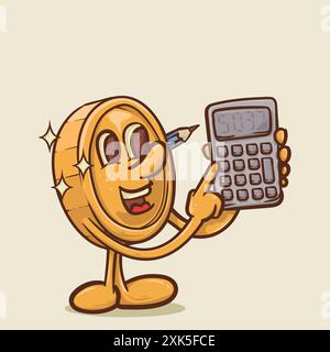 money calculation concept. shine coin mascot with face holding calculator concept.vintage style money mascot cartoon character vector illustration Stock Vector