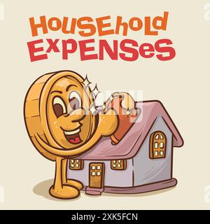 household expenses concept. shine coin mascot with face in front of house concept.vintage style money mascot cartoon character vector illustration Stock Vector