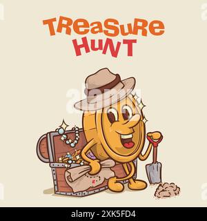 treasure hut concept. shine coin mascot with face find treasure concept.vintage style money mascot cartoon character vector illustration Stock Vector