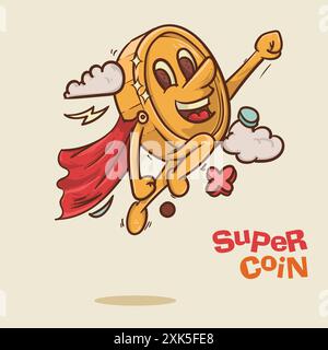 super coin concept. shine coin mascot cartoon character flying with super suit concept.vintage style money mascot cartoon character vector illustratio Stock Vector