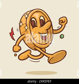happy money mascot. shine coin mascot with face running concept.vintage style money mascot cartoon character vector illustration Stock Vector