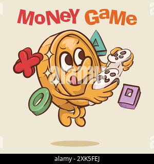 money game concept. shine coin mascot with face playing video games concept.vintage style money mascot cartoon character vector illustration Stock Vector