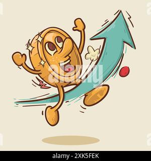 bullish concept. shinny  coin mascot ride bulish graph concept. vintage style money mascot cartoon character vector illustration Stock Vector