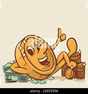 wealth concept. shine coin mascot with face lying on a pile of money   sconcept.vintage style money mascot cartoon character vector illustration Stock Vector