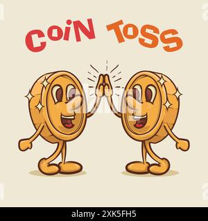 coin toss concept. shine coin mascot with face toss each otherconcept.vintage style money mascot cartoon character vector illustration Stock Vector