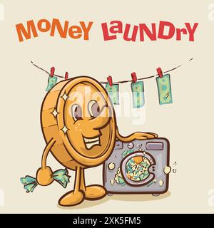 money laundry concept. shine coin mascot with face in front of laundry machine.vintage style money mascot cartoon character vector illustration Stock Vector