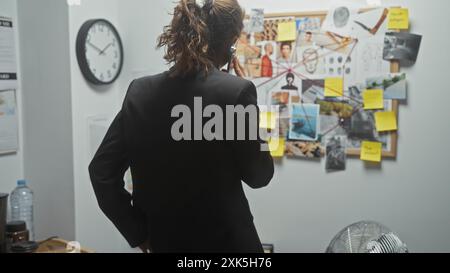 Caucasian woman detective analyzing crime board in police station office Stock Photo