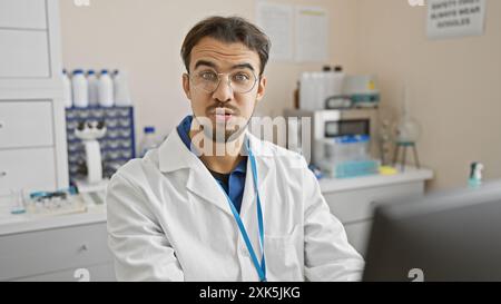 A young hispanic man with a beard looks surprised while wearing glasses and a lab coat in a laboratory setting. Stock Photo