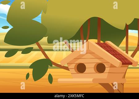 Wooden birdhouse hanging from a tree branch with green leaves. Birdhouse simple design with a round entrance and a small perch. Perfect shelter for bi Stock Vector