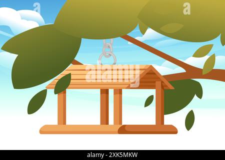 Wooden gazebo-like bird house hanging from a tree, with a flat roof and open sides. Hanging gazebo unique and airy shelter for birds. Vector illustrat Stock Vector