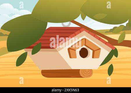 Charming birdhouse with a red roof, hanging from a tree branch. Birdhouse has a triangular design with a round entrance and a small perch. Cozy home f Stock Vector
