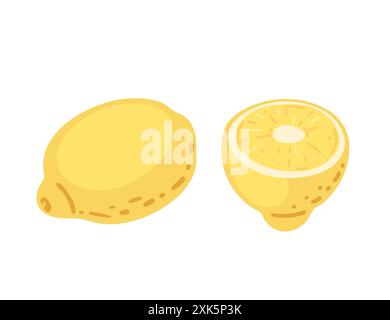 Two fresh yellow lemons. Halved and whole citrus tropical fruit, with juicy segmented juice sac. Vector illustration isolated on white background. Stock Vector