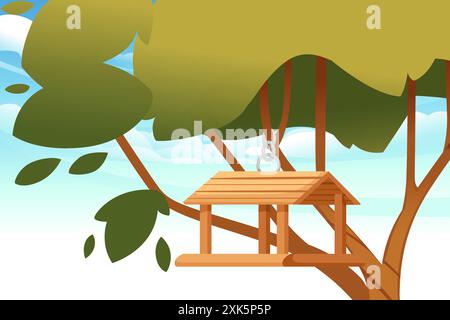 Wooden gazebo-like bird house hanging from a tree, with a flat roof and open sides. Hanging gazebo unique and airy shelter for birds. Vector illustrat Stock Vector